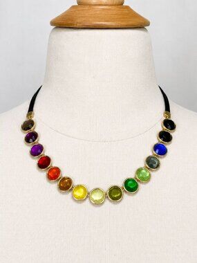 Rachel Roy Rainbow Statement Necklace Gold Tone Multicolor Faceted Beads Adjusts